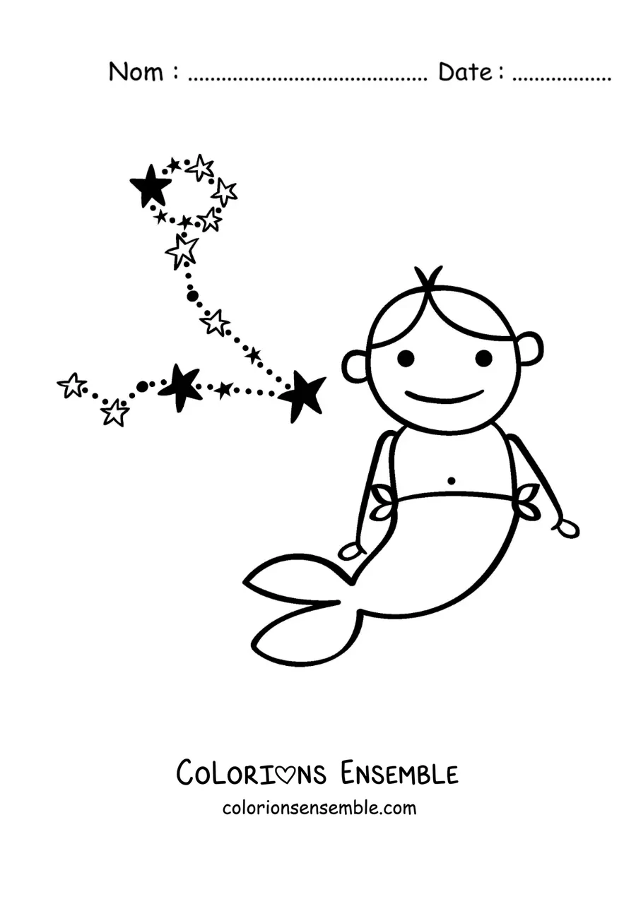 Image à colorier d'un dessin sur la mythologie du signe des Poissons et de sa constellation