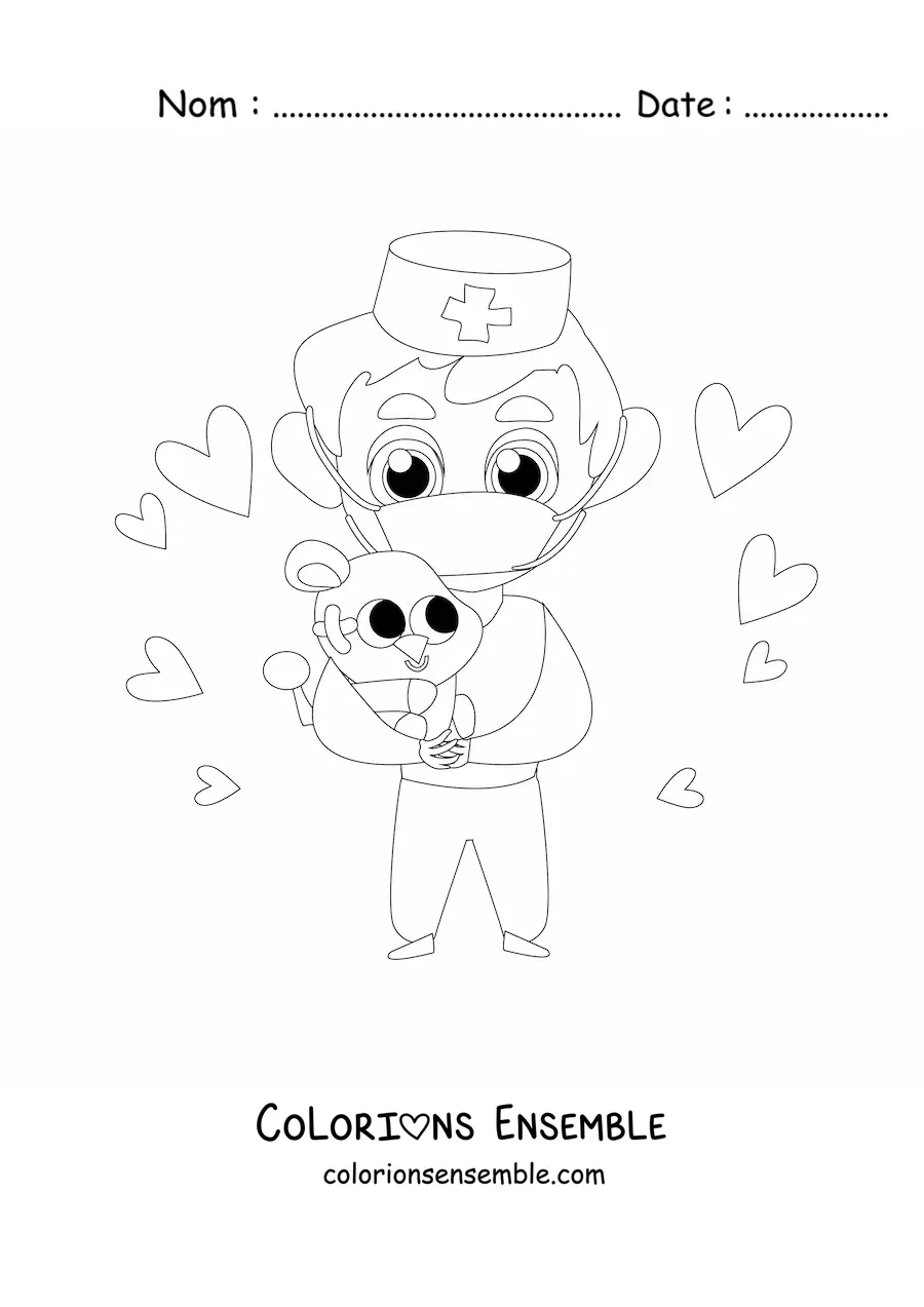 Image à colorier d’un vétérinaire en dessin animé portant un koala