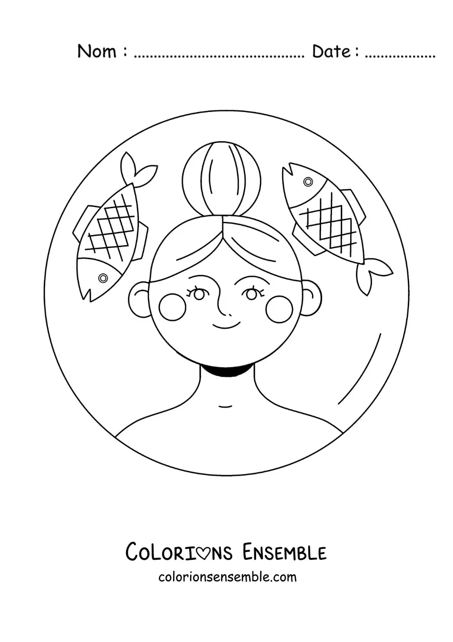 Image à colorier d'une fille toute mignonne du signe des Poissons