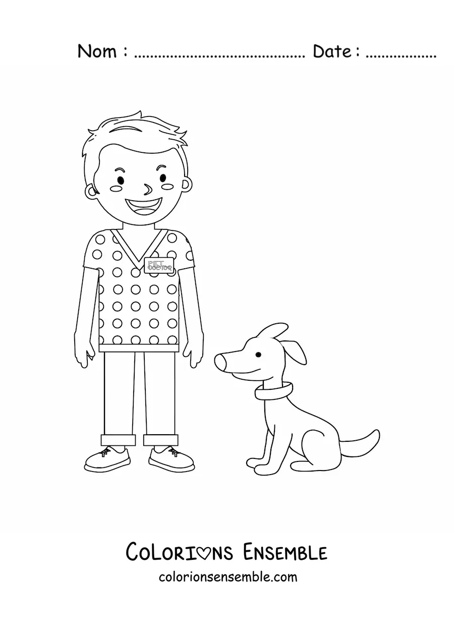 Image à colorier d’un vétérinaire en dessin animé à côté d’un chien