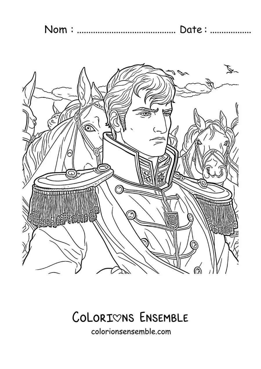 Image à colorier de Napoléon Bonaparte dans une bataille, dans un style réaliste