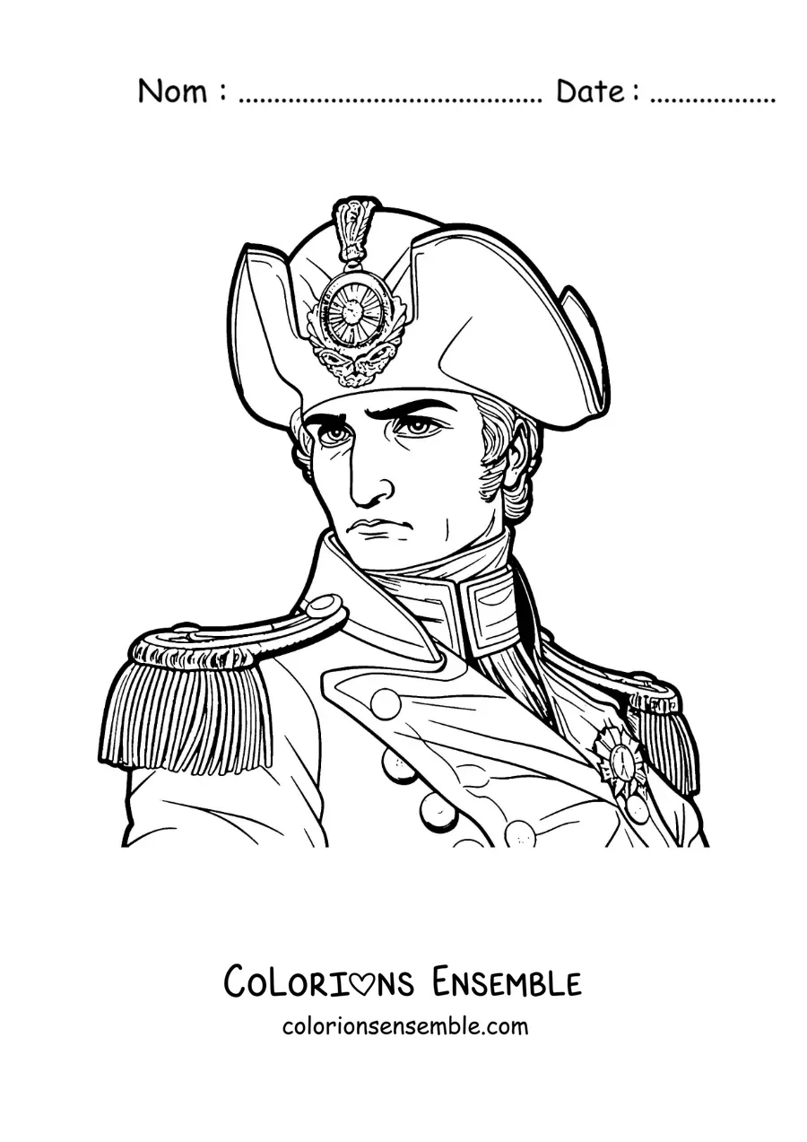 Image à colorier d'un portrait réaliste de Napoléon Bonaparte avec son chapeau