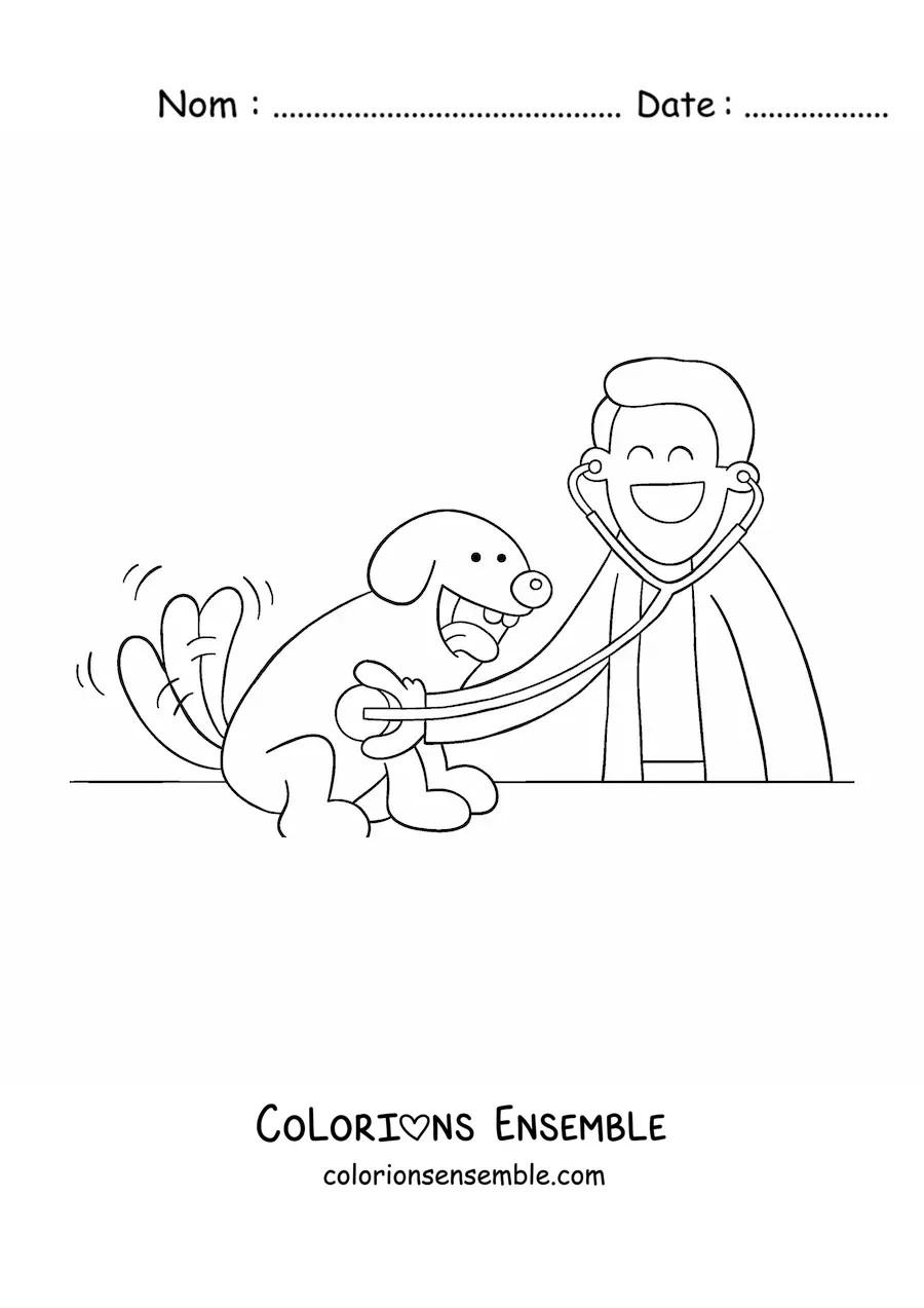 Image à colorier d’un vétérinaire en dessin animé examinant un chien