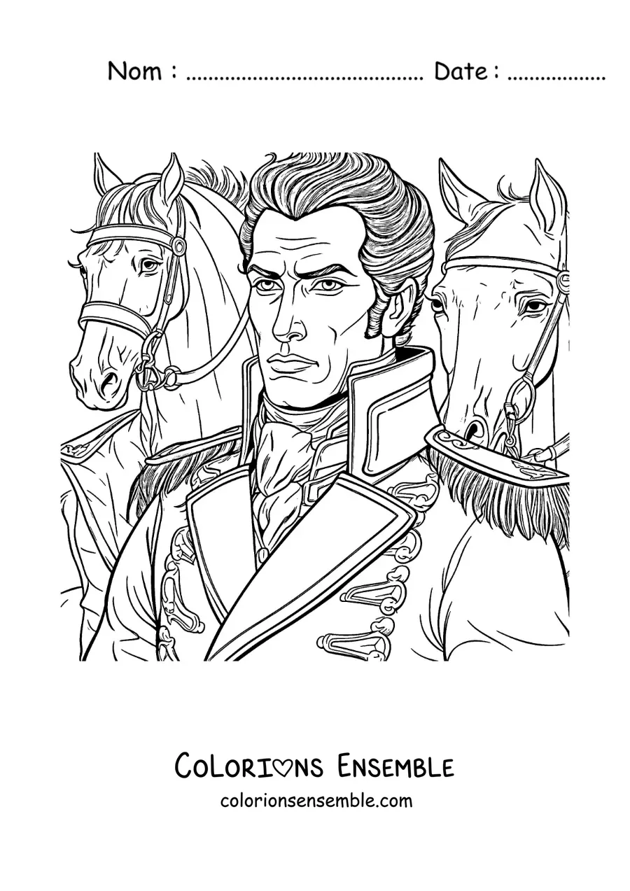 Image à colorier de Simón Bolívar dans une bataille avec des chevaux
