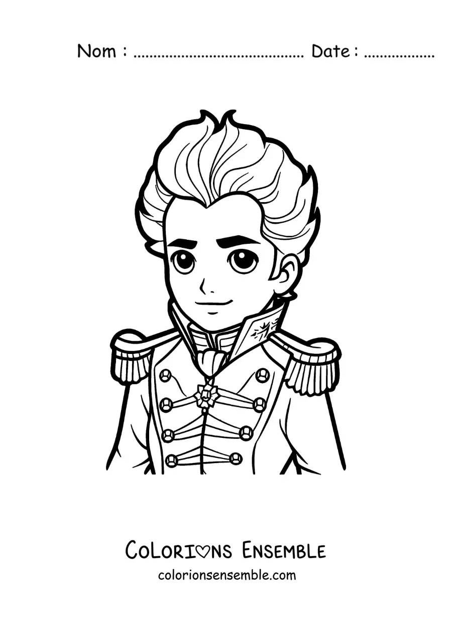 Image à colorier de Simón Bolívar version kawaii dans sa jeunesse