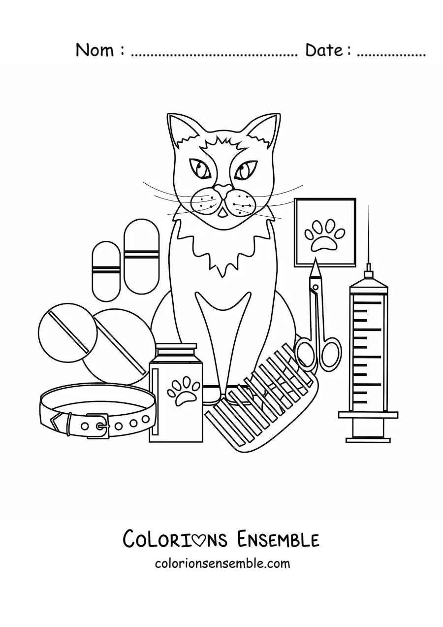 Image à colorier d’un chat à côté des instruments du vétérinaire
