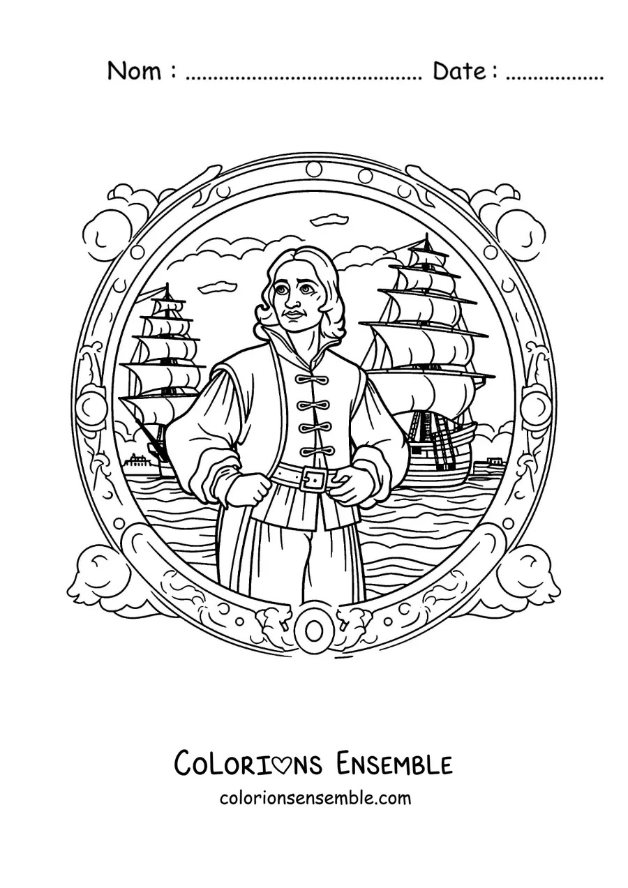 Image à colorier de Christophe Colomb tout mignon avec les caravelles