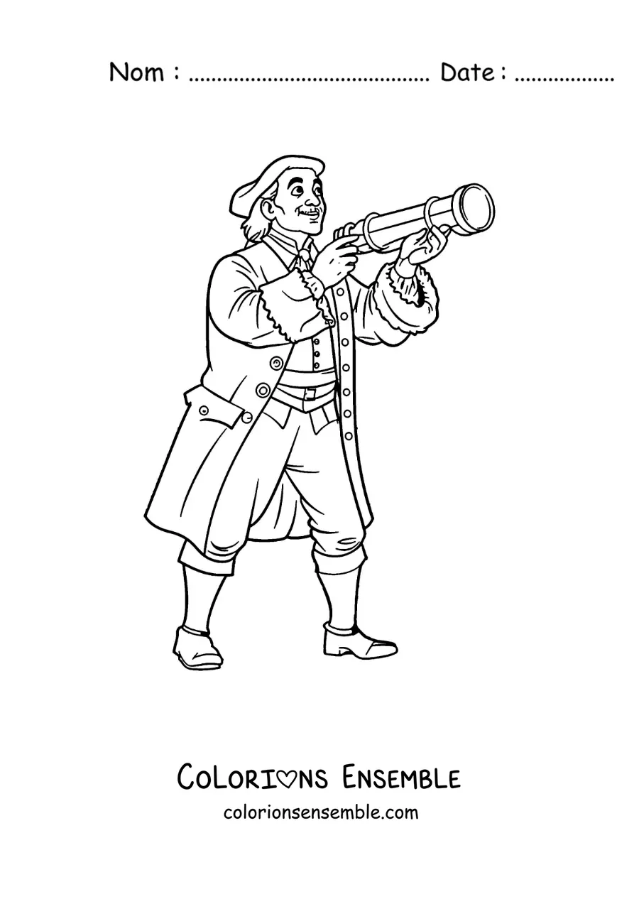 Image à colorier de Christophe Colomb avec une longue-vue en dessin