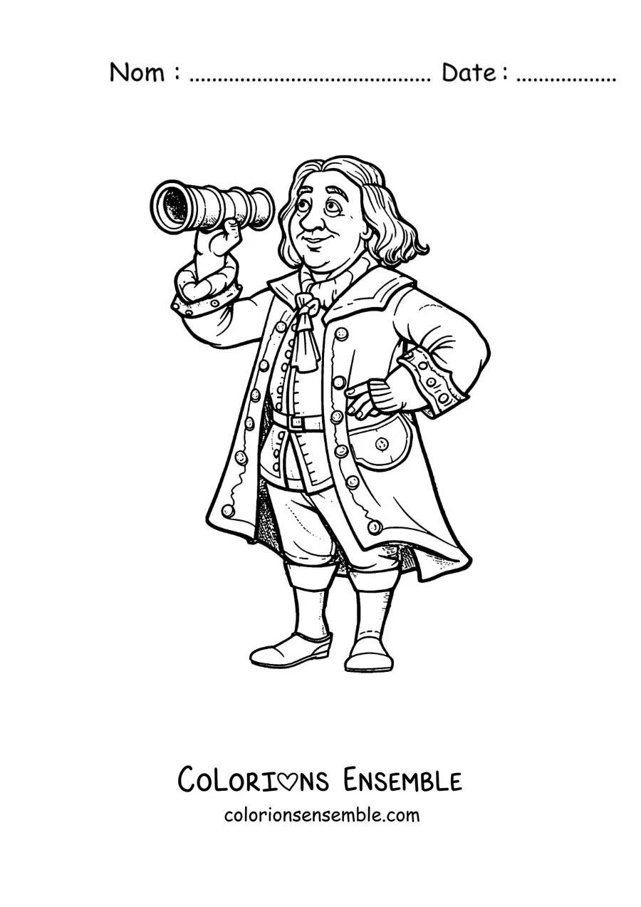 Image à colorier de Christophe Colomb tout mignon regardant dans une longue-vue