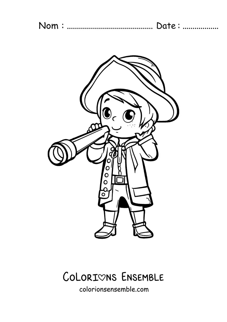 Image à colorier de Christophe Colomb version kawaii avec une longue-vue