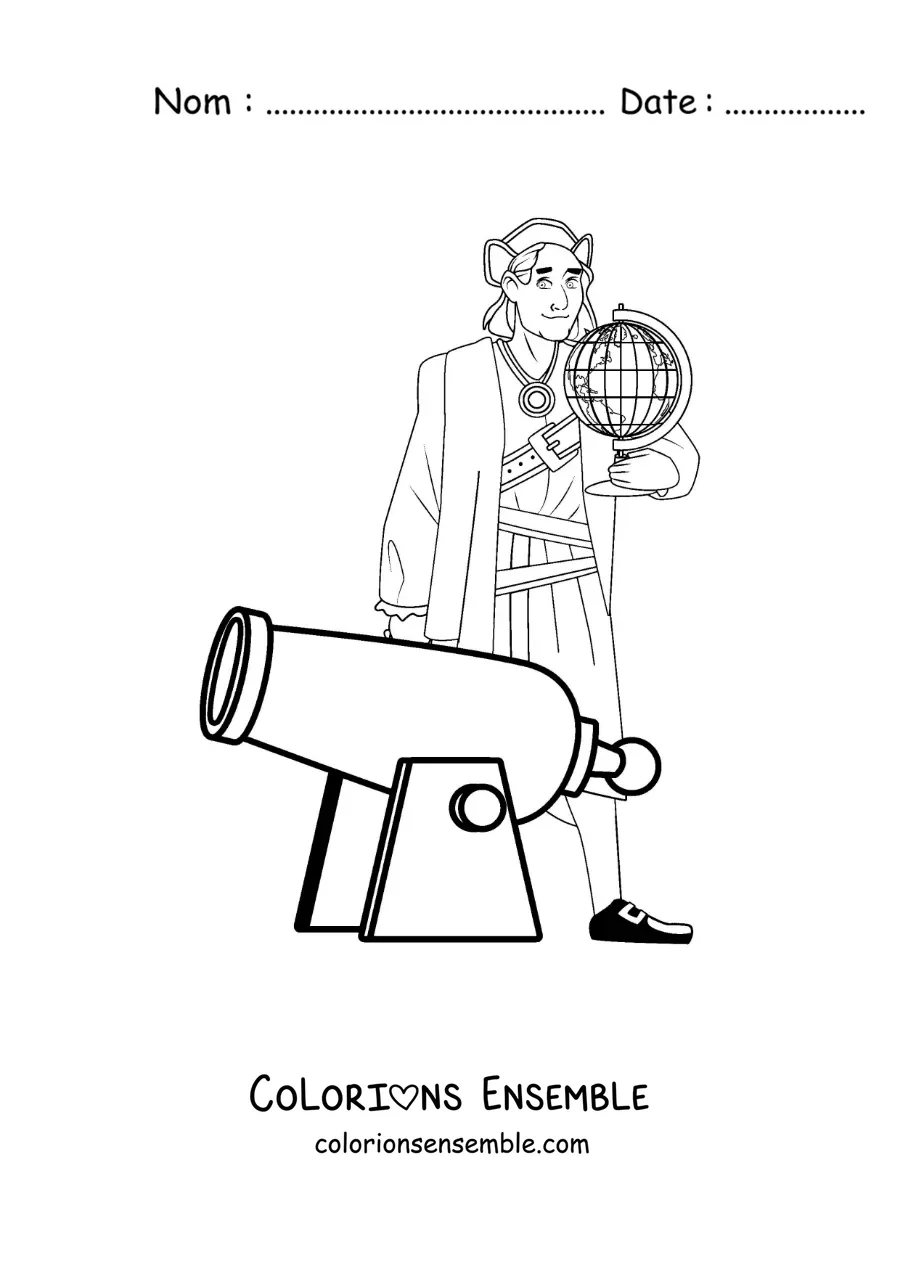 Image à colorier de Christophe Colomb tout mignon avec un canon et un globe terrestre