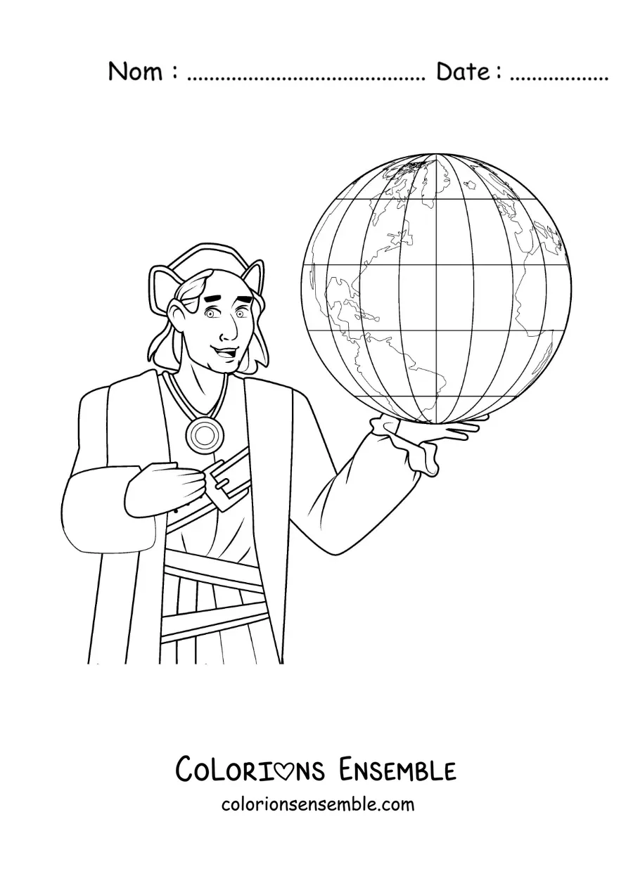Image à colorier de Christophe Colomb tout mignon avec un globe terrestre