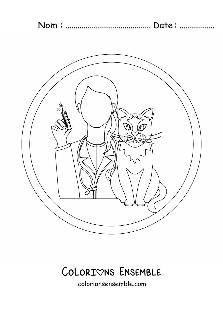 Image à colorier d’une vétérinaire et d’un chat