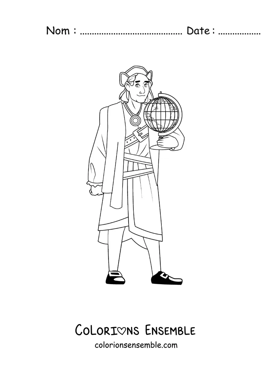 Image à colorier de Christophe Colomb en dessin animé avec un globe terrestre