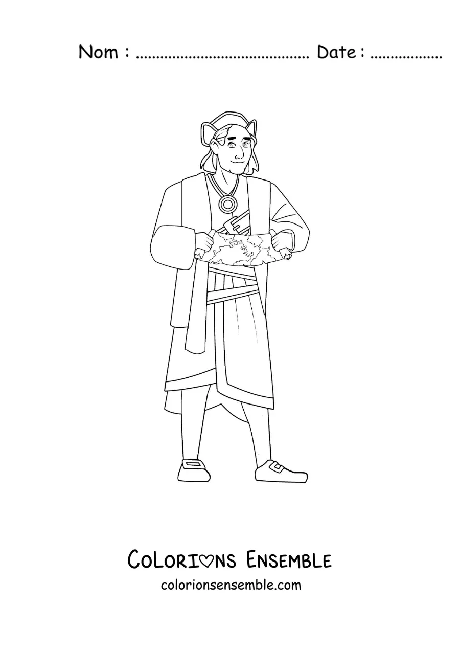 Image à colorier de Christophe Colomb tout mignon avec une carte