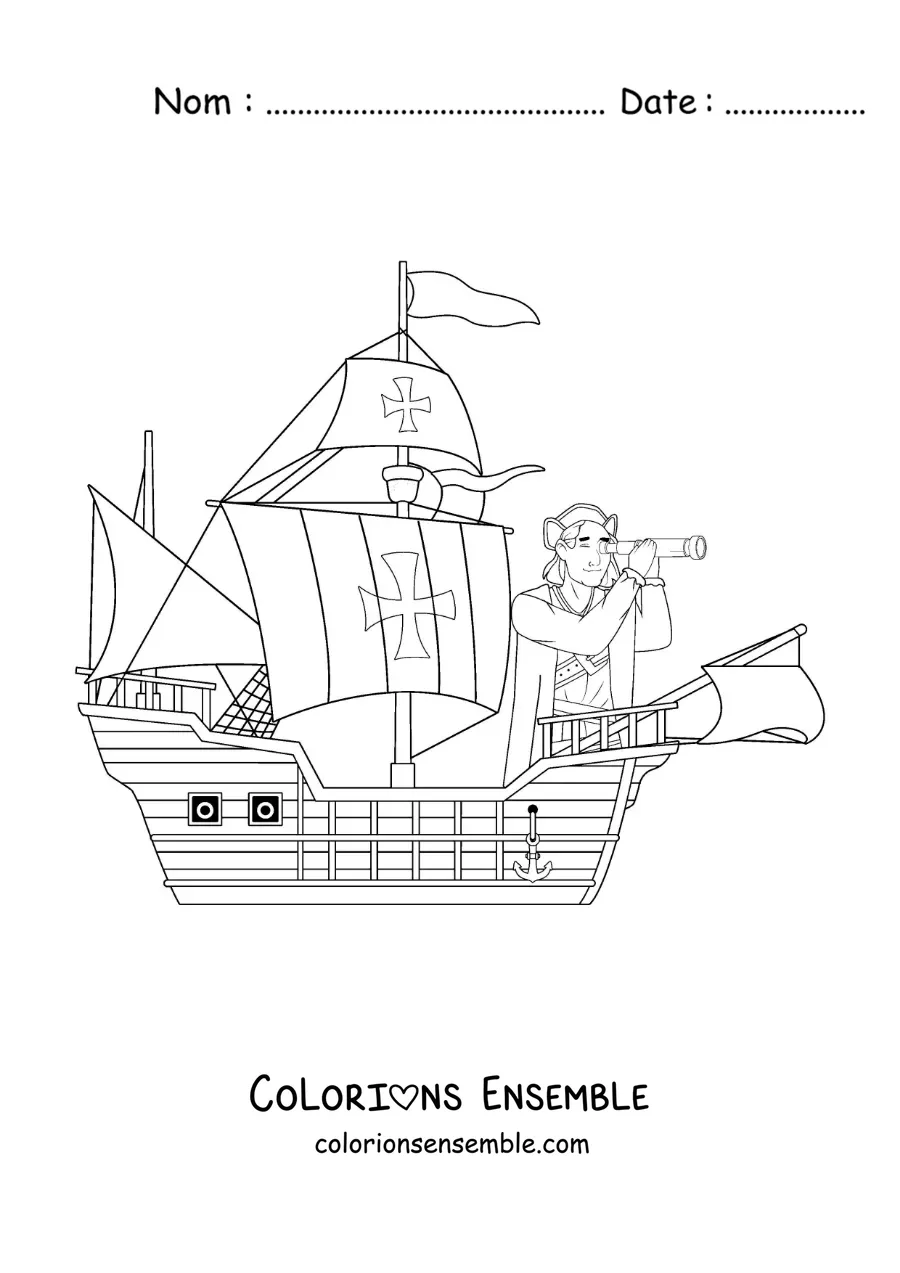 Image à colorier de Christophe Colomb arrivant en Amérique sur son bateau