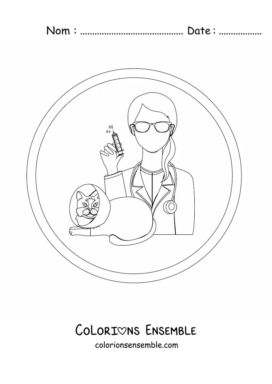 Image à colorier d’une vétérinaire et d’un chat portant une collerette