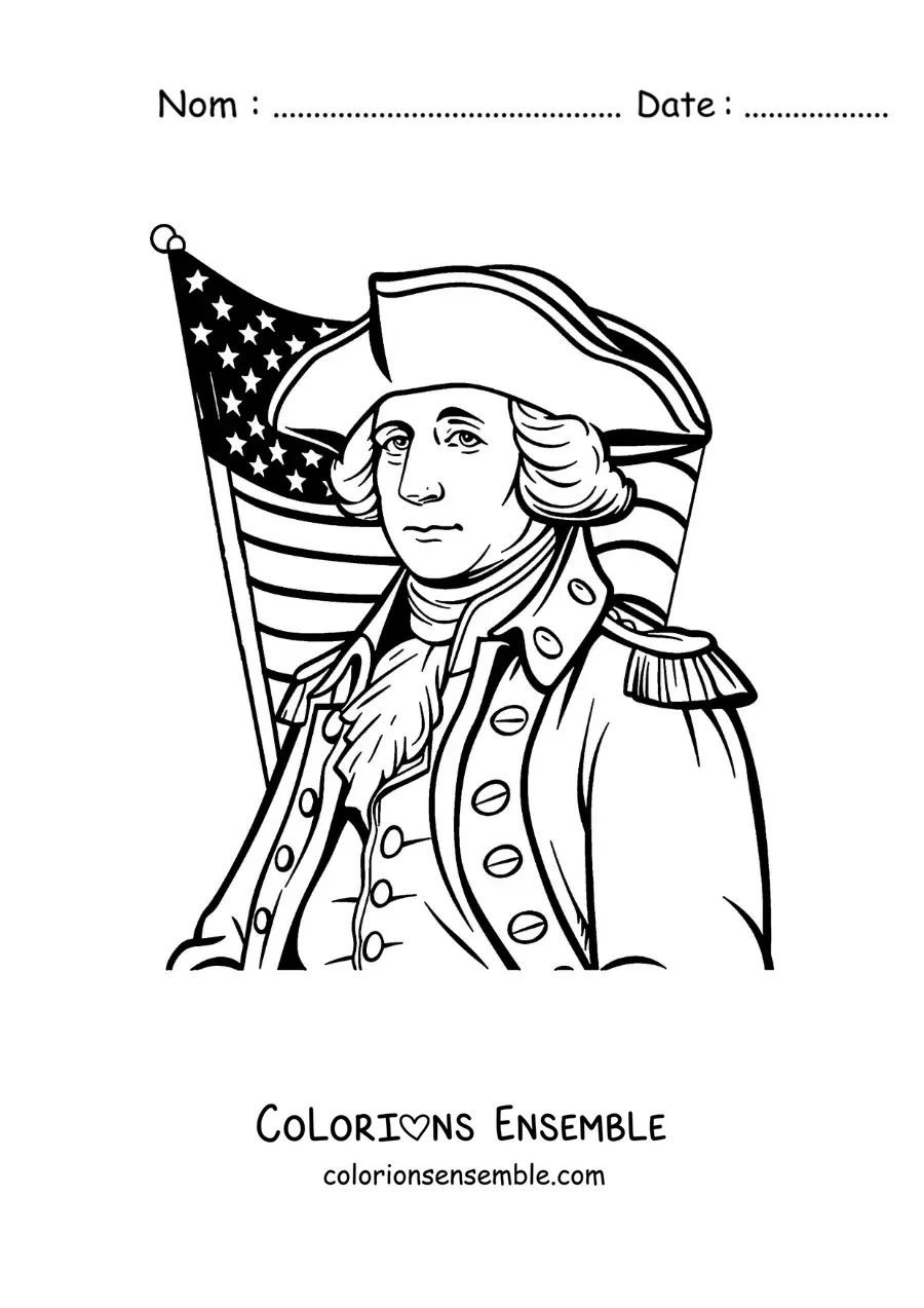 Image à colorier de George Washington version dessin animé avec le drapeau des États-Unis