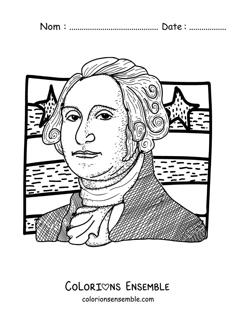 Image à colorier facile de George Washington avec le drapeau des États-Unis