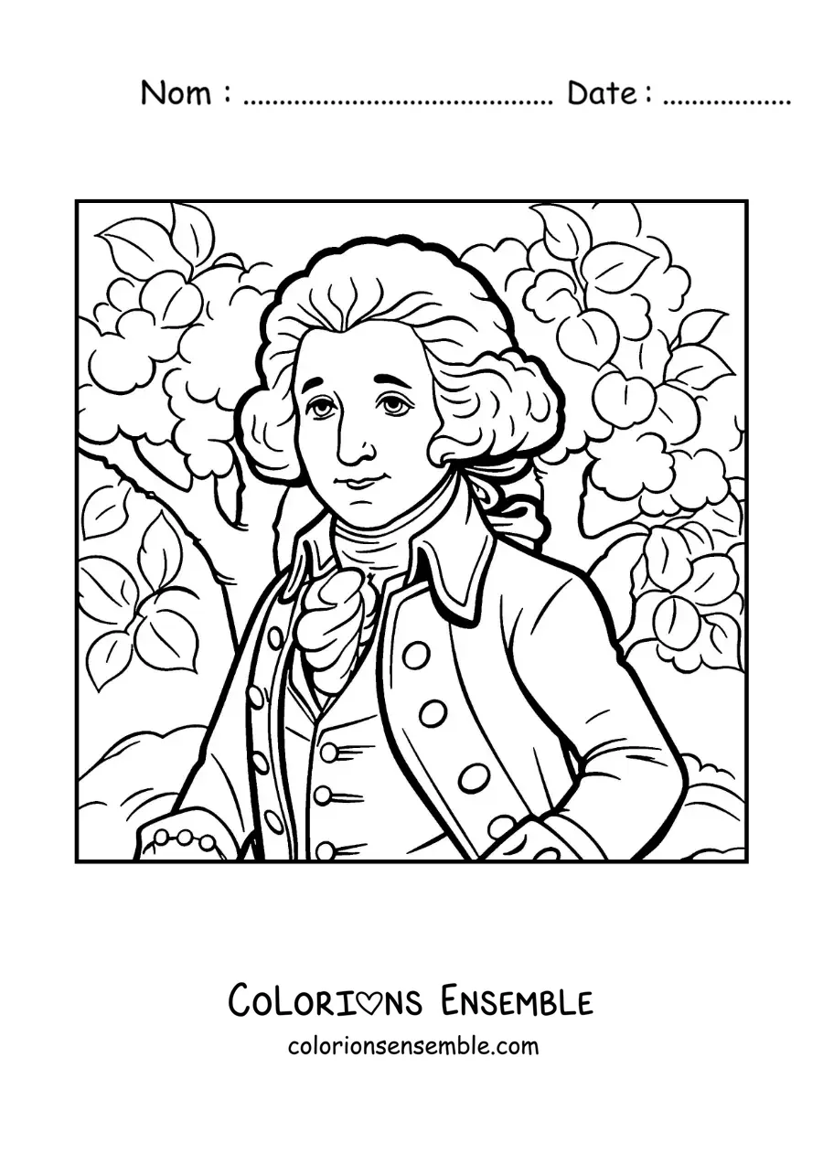Image à colorier de George Washington version dessin animé avec un cerisier