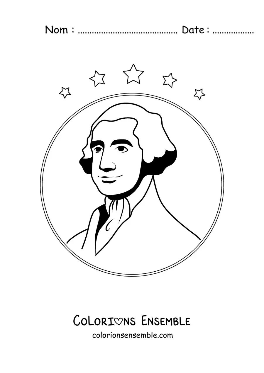 Image à colorier facile de George Washington avec des étoiles