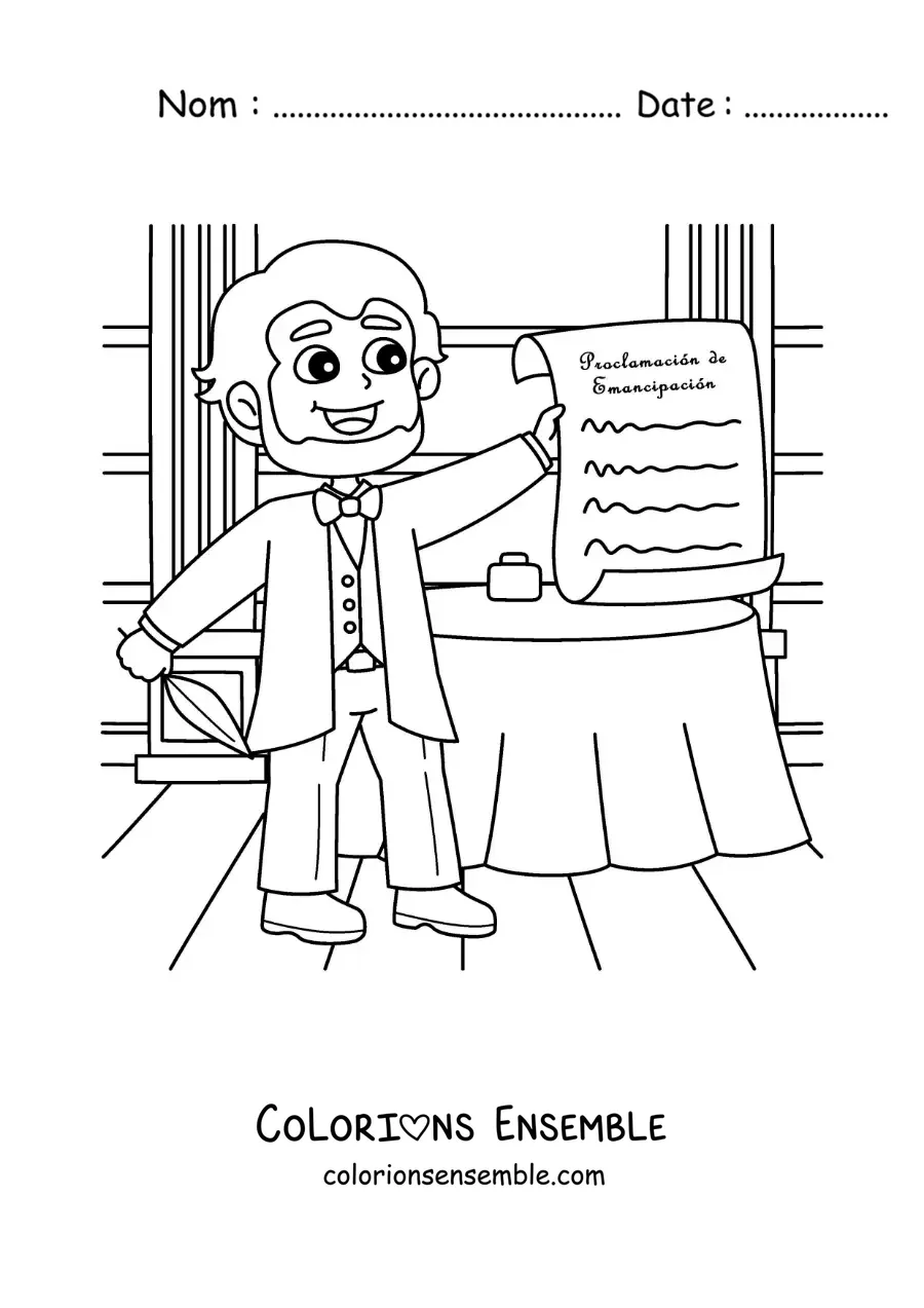 Image à colorier d’Abraham Lincoln version dessin animé avec la Proclamation d’émancipation