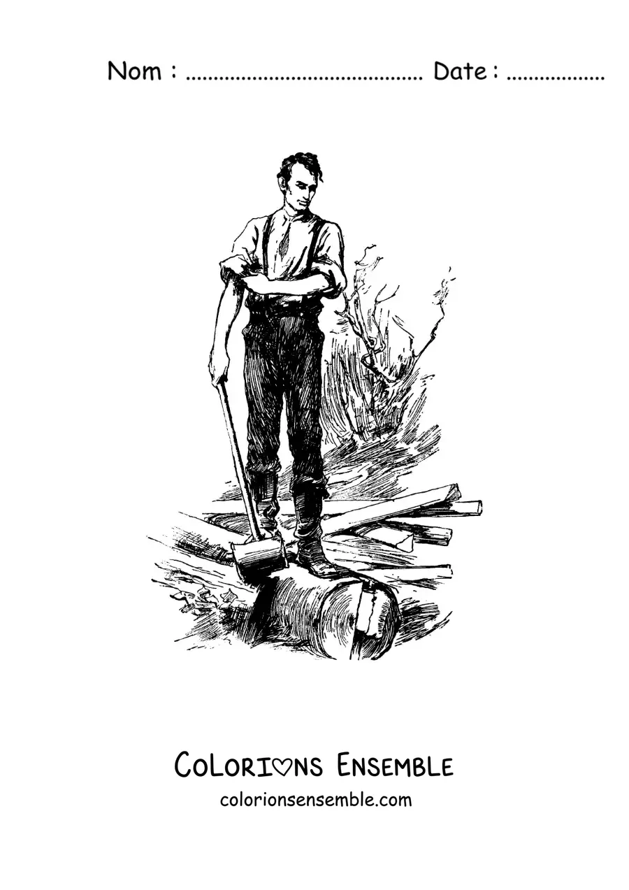 Image à colorier d’Abraham Lincoln coupant un arbre