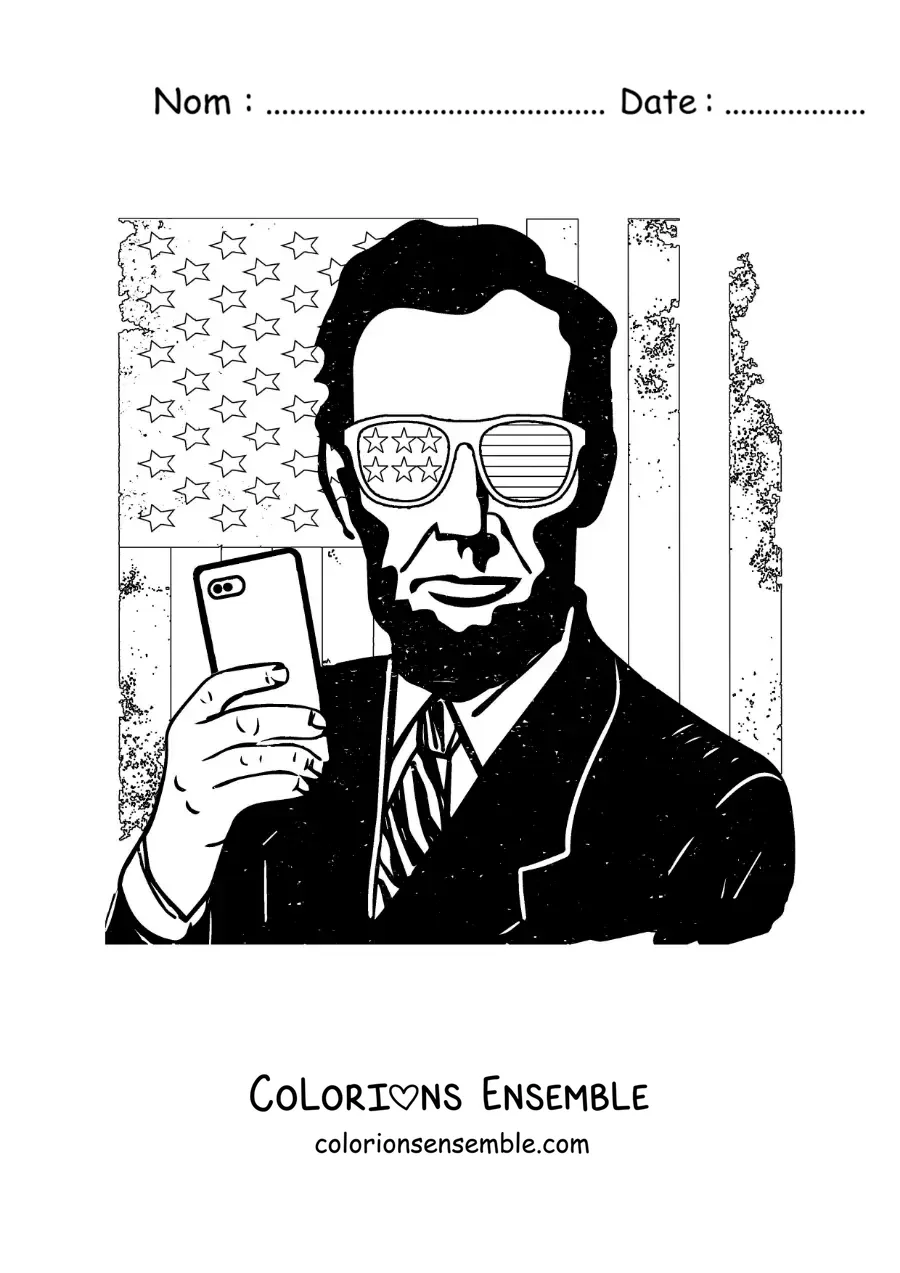 Image à colorier d’Abraham Lincoln moderne avec des lunettes et le drapeau des États-Unis