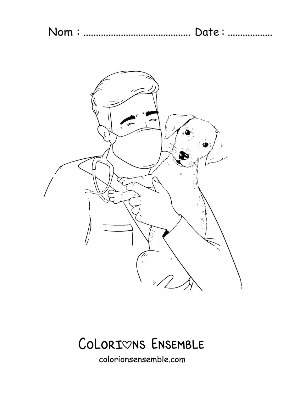 Image à colorier d’un vétérinaire tenant un chiot