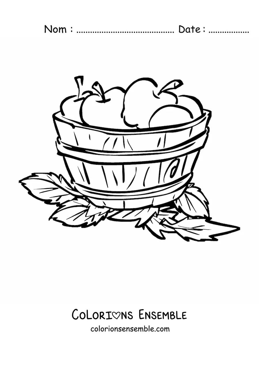 Image à colorier d’un seau en bois rempli de pommes et entouré de feuilles