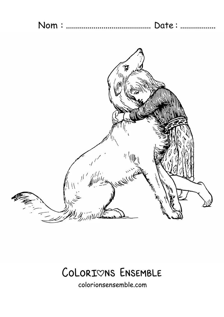 Image à colorier d’une fille câlinant un chien assis