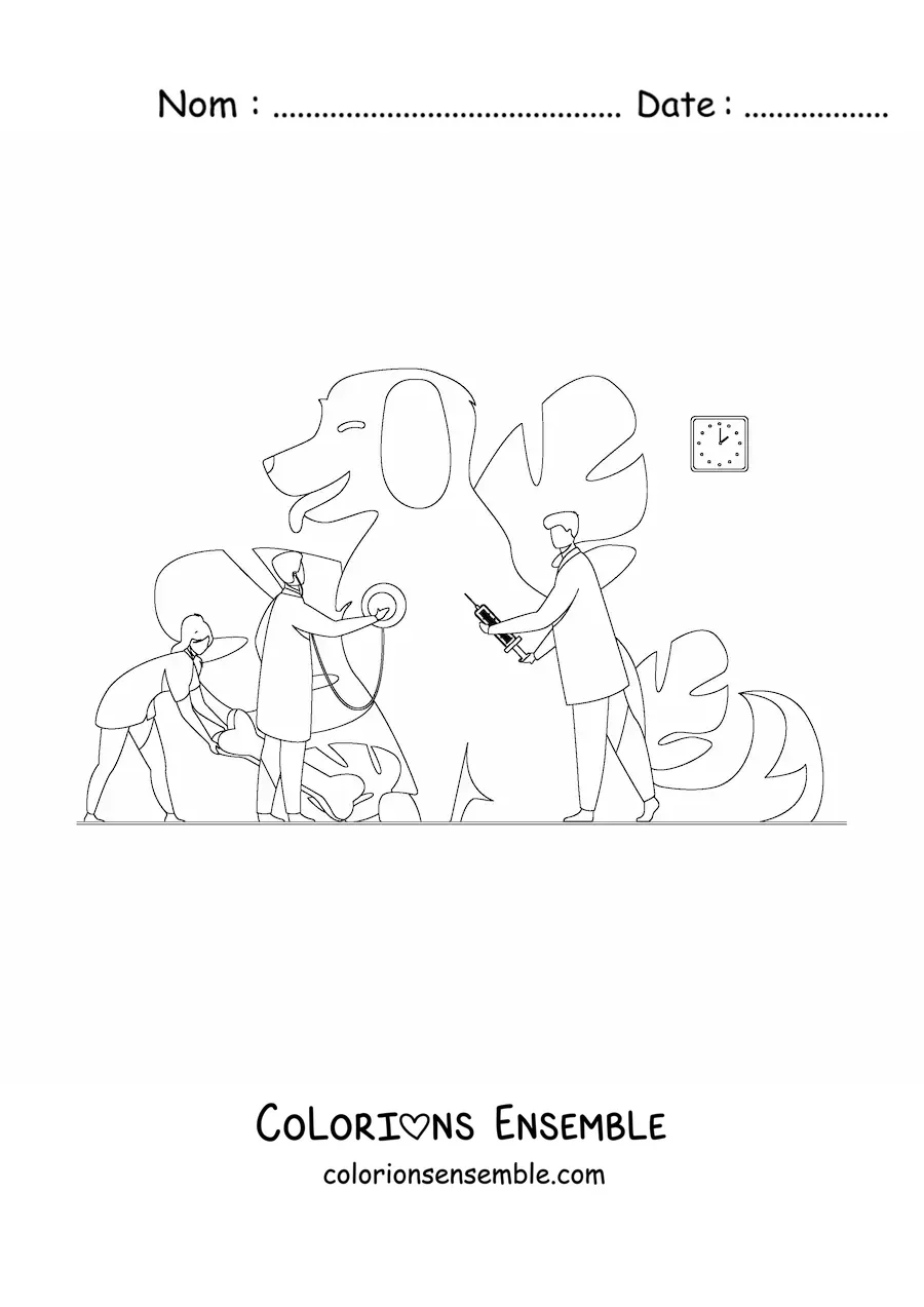 Image à colorier de plusieurs vétérinaires soignant un chien géant