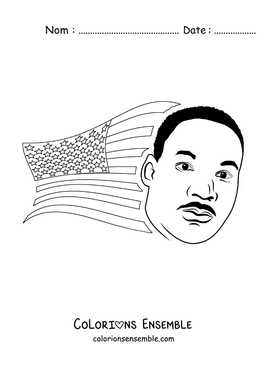 Image à colorier de Martin Luther King version dessin animé avec le drapeau des États-Unis