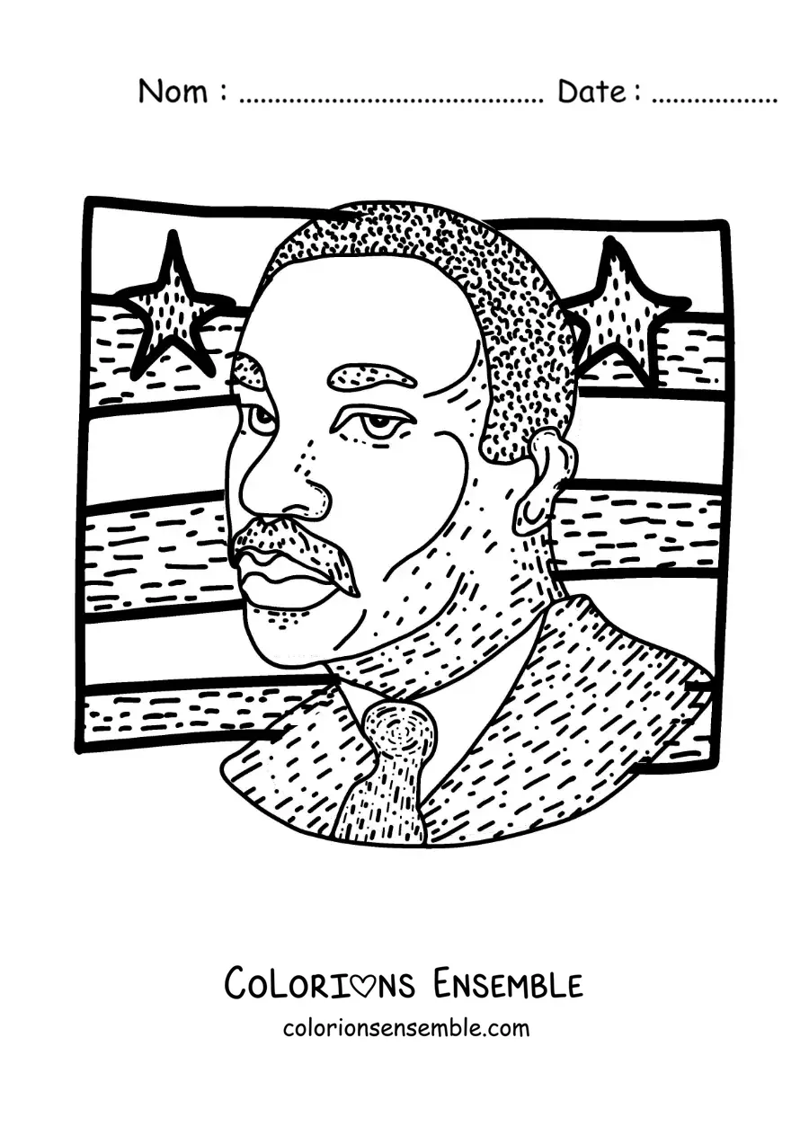 Image à colorier d’un dessin de Martin Luther King avec le drapeau des États-Unis