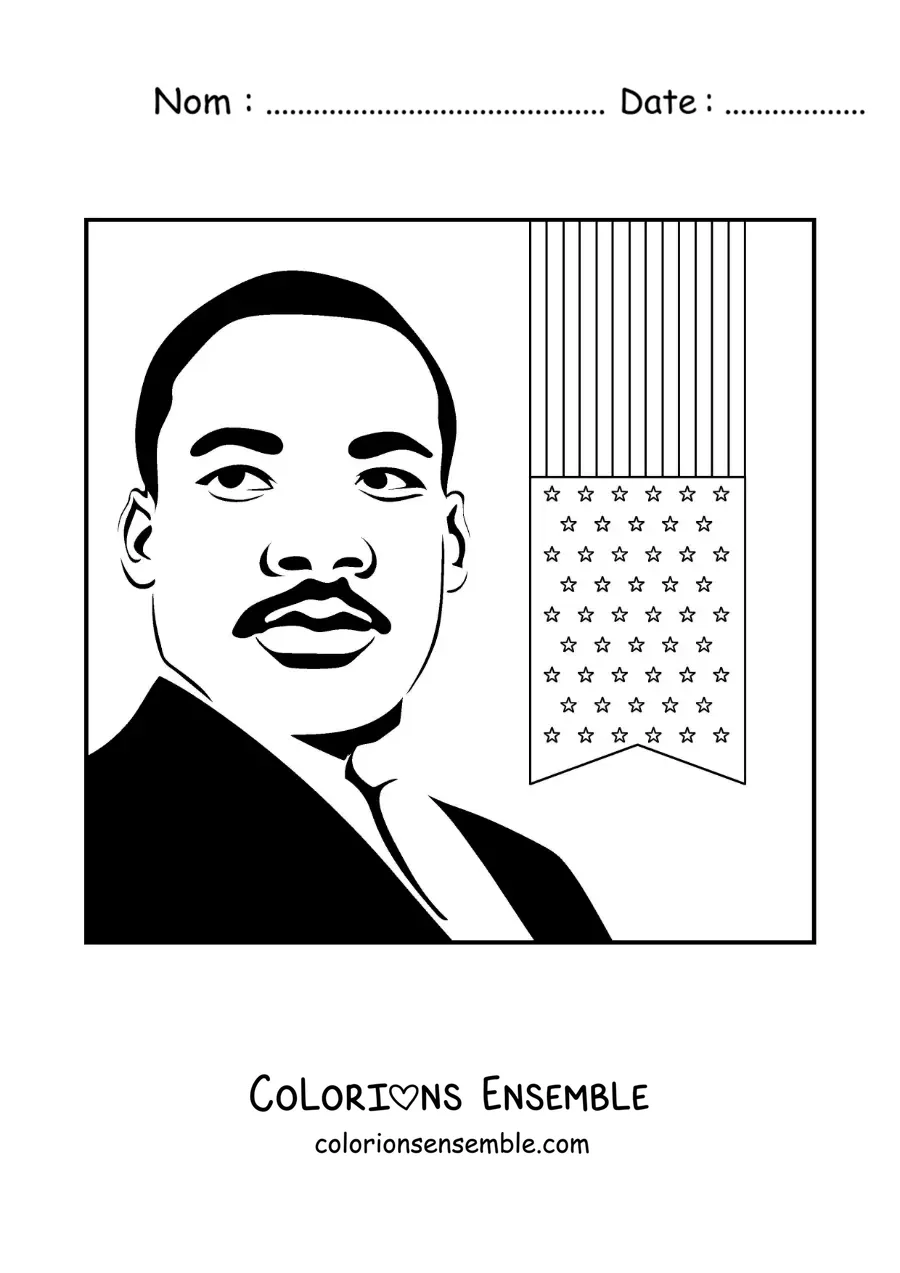 Image à colorier d’un portrait de Martin Luther King avec le drapeau des États-Unis