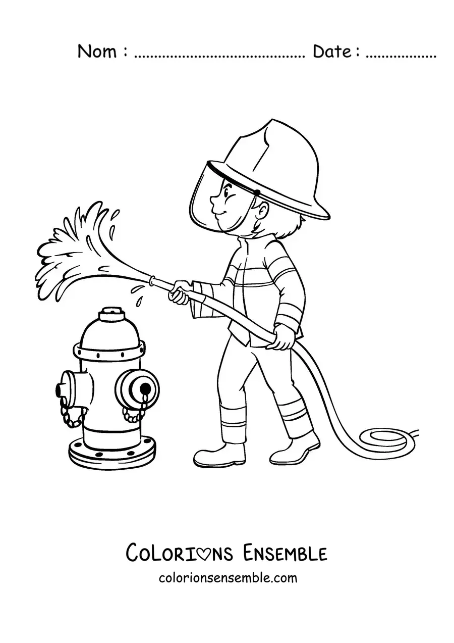 Image à colorier d’un pompier éteignant le feu avec une lance à incendie
