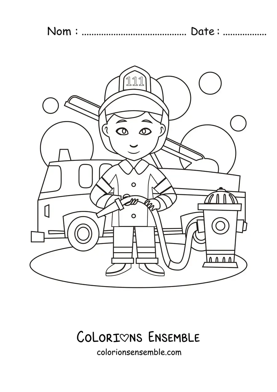 Image à colorier d’un pompier en dessin animé à côté d’un camion de pompiers