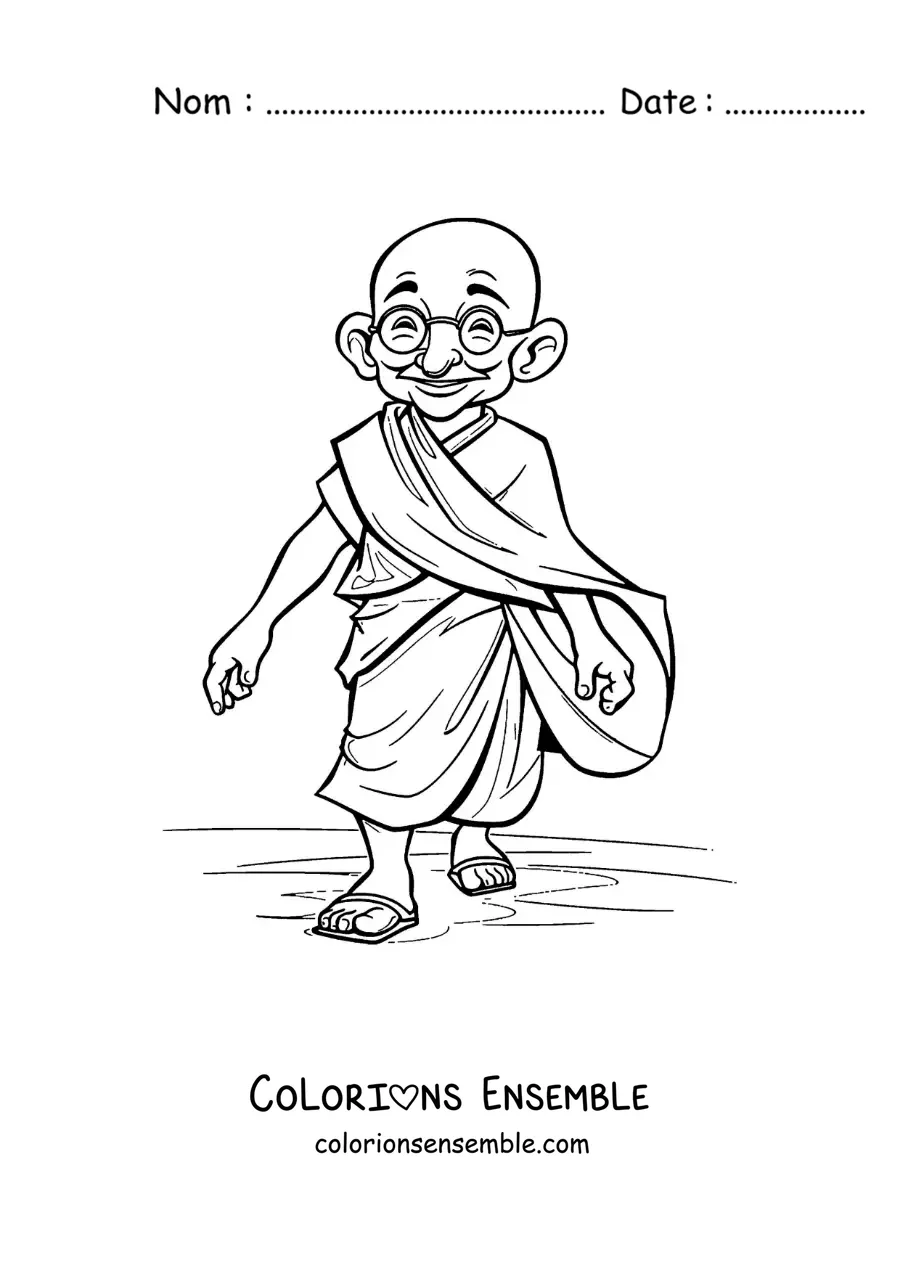 Image à colorier d’un dessin de Mahatma Gandhi en train de marcher