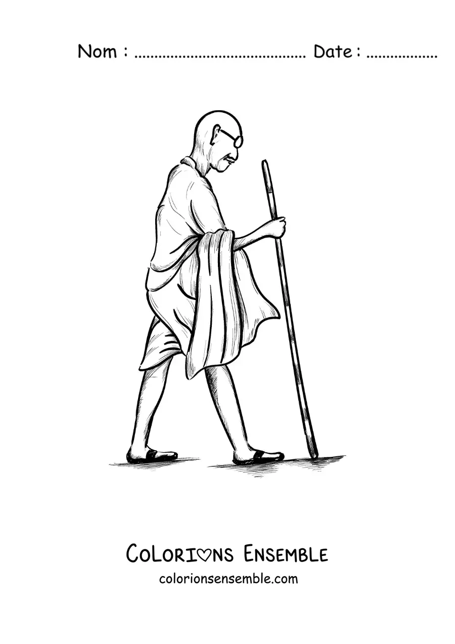 Image à colorier de la silhouette de Mahatma Gandhi en train de marcher