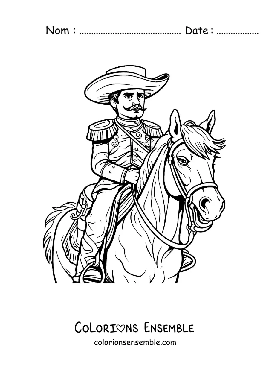 Image à colorier d’Emiliano Zapata sur son cheval pendant la Révolution mexicaine