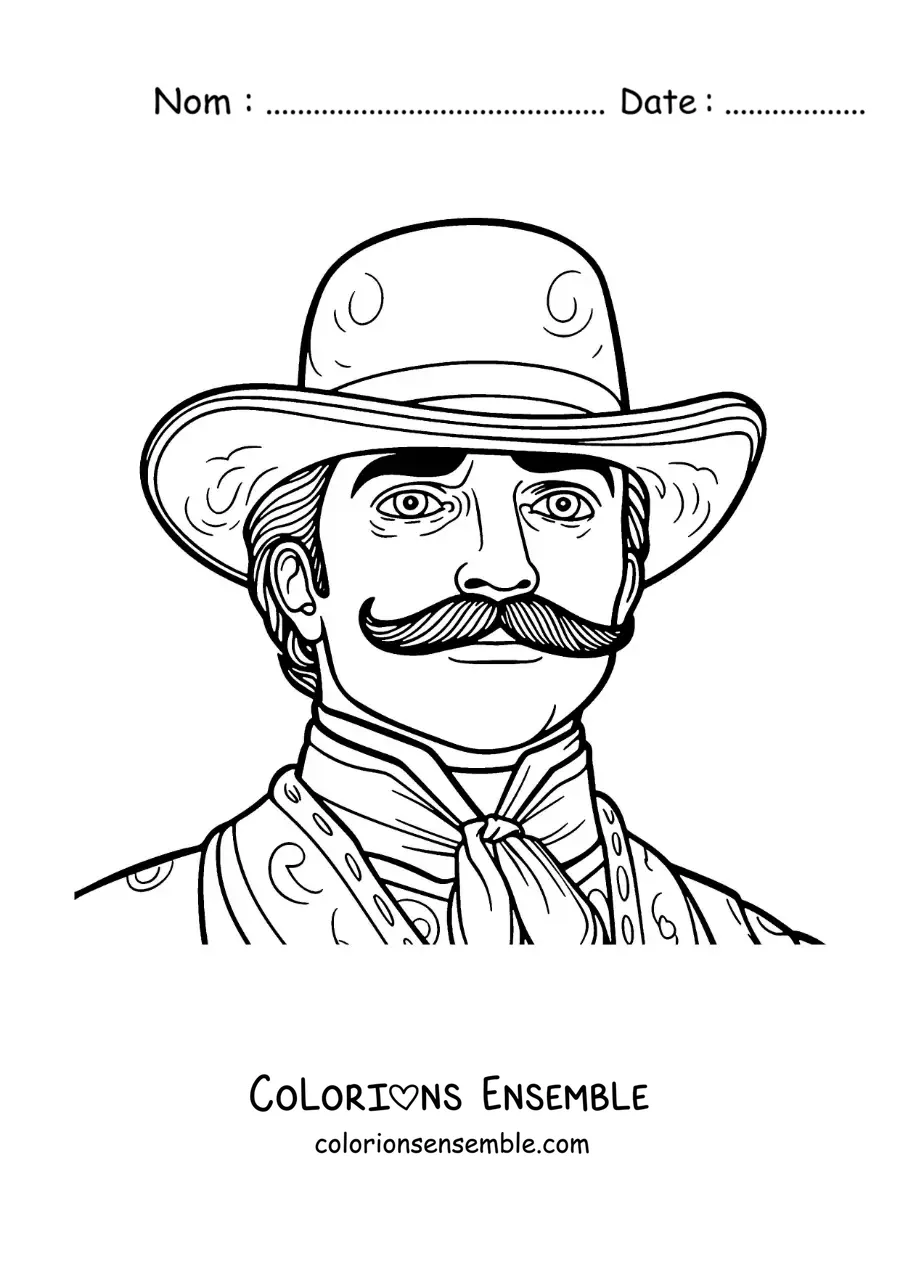 Image à colorier d’Emiliano Zapata version dessin animé avec un chapeau