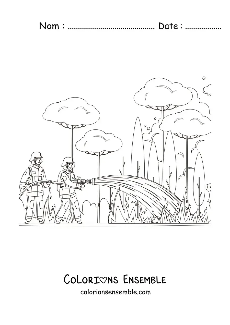 Image à colorier de deux pompiers éteignant un feu de forêt
