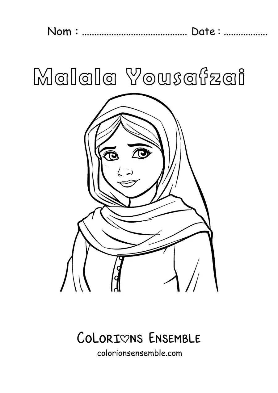 Image à colorier de Malala Yousafzai en dessin animé pour les enfants