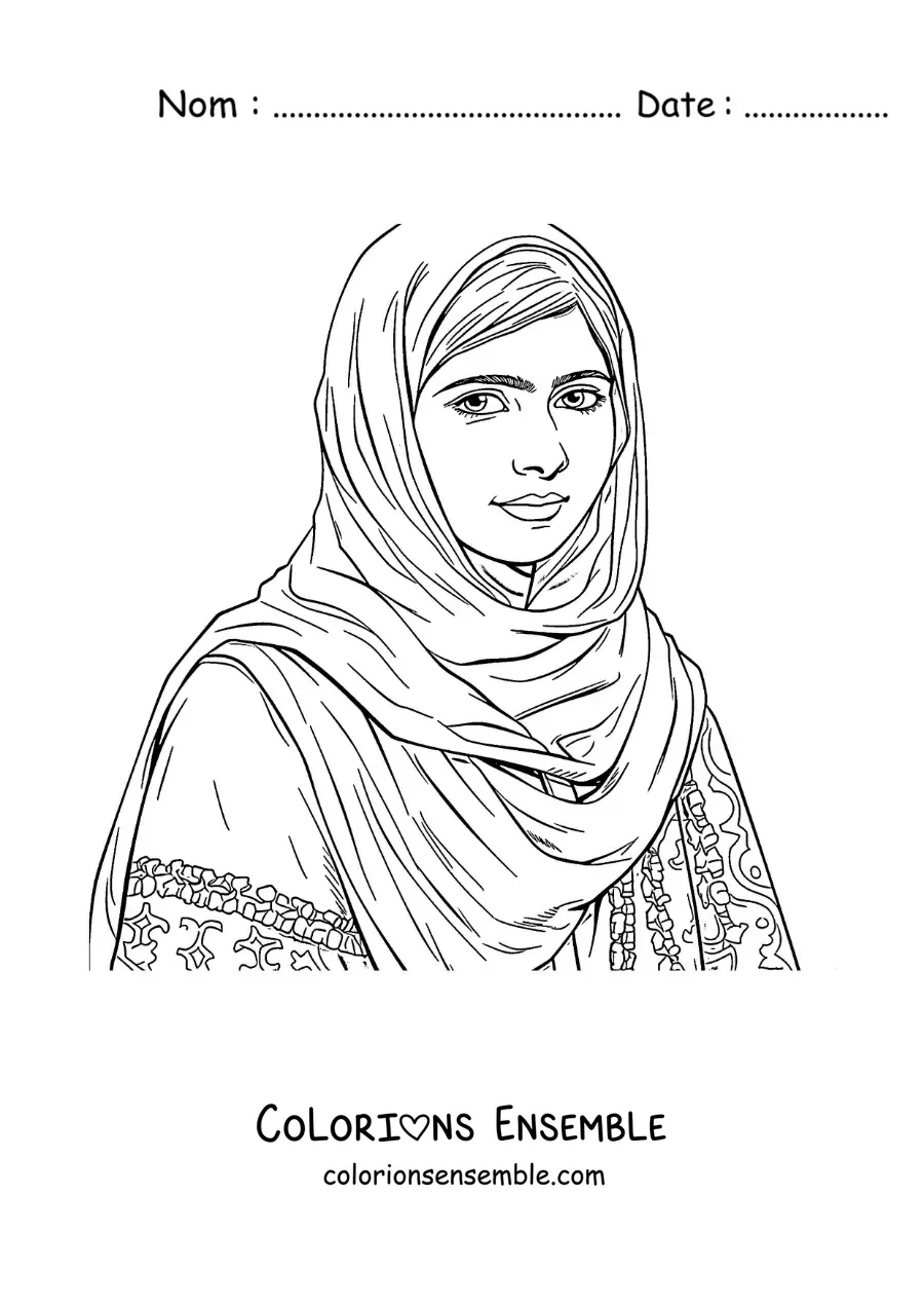 Image à colorier d’un portrait réaliste de Malala Yousafzai