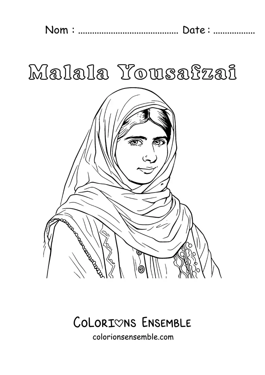 Image à colorier d’un portrait de Malala Yousafzai avec son nom