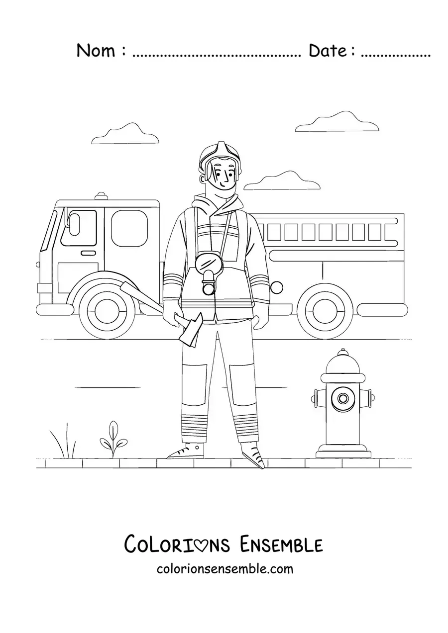 Image à colorier d’un pompier en uniforme devant un camion de pompiers