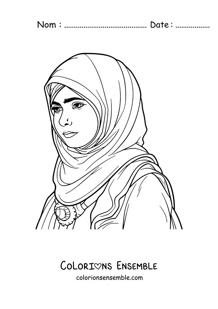 Image à colorier de Malala, lauréate du prix Nobel de la paix, en dessin animé