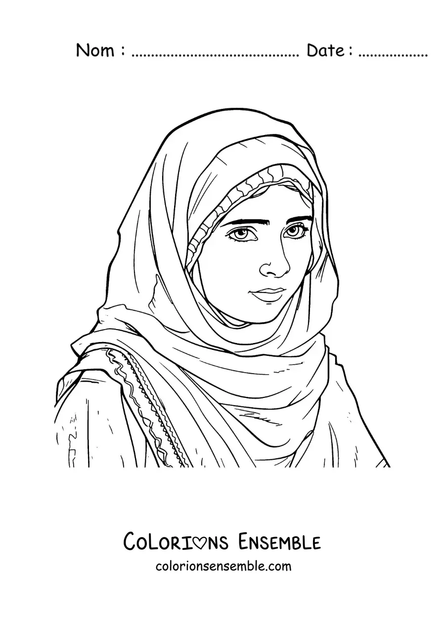 Image à colorier d'un portrait de Malala, la lauréate du prix Nobel
