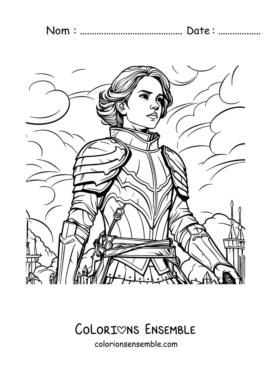 Image à colorier de Jeanne d'Arc en dessin animé, style comics, au cœur d'une bataille