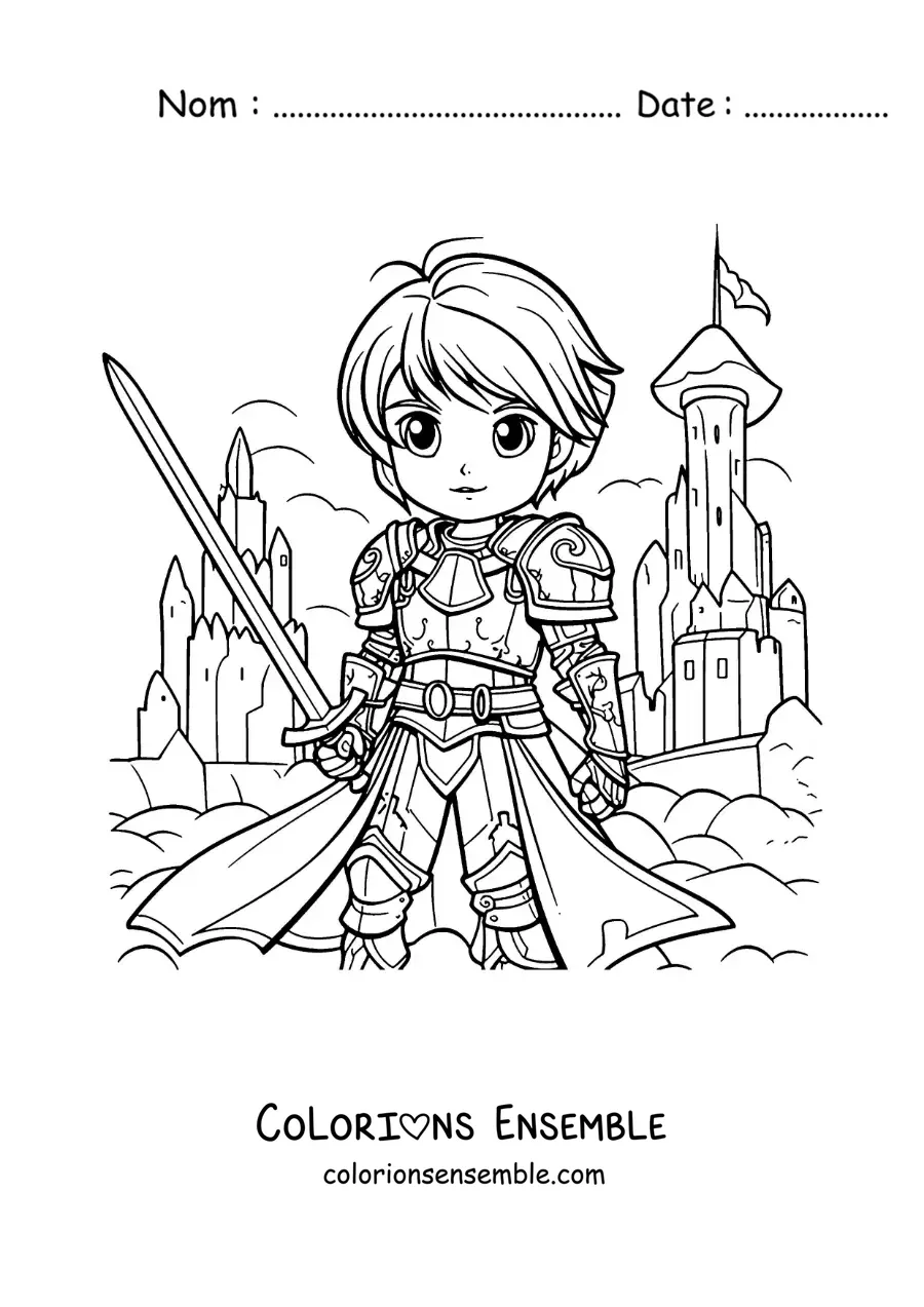 Image à colorier de Jeanne d'Arc en dessin animé, style manga, au cœur d'une bataille